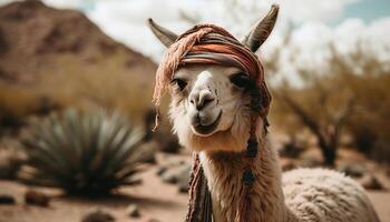 carino alpaca sorrisi per il telecamera nel natura generato di ai foto