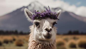 carino alpaca sorridente, pascolo su montagna prato generato di ai foto