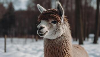 carino alpaca ritratto, guardare a telecamera nel inverno generato di ai foto