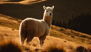 soffice alpaca pascolo su rurale azienda agricola prato generato di ai foto