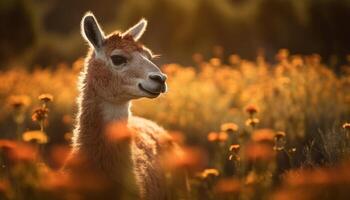 soffice alpaca sfiora nel tranquillo prato, carino ritratto generato di ai foto