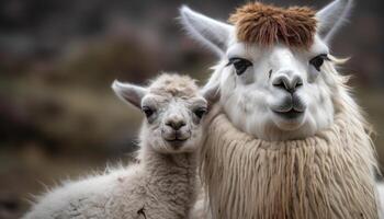 carino alpaca pascolo nel rurale prato, vello morbidezza generato di ai foto