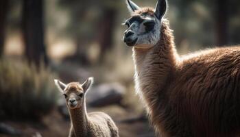 carino alpaca pascolo nel rurale prato, vello morbidezza generato di ai foto