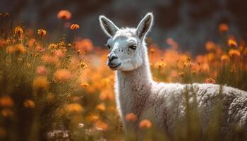 soffice alpaca pascolo nel verde prato generato di ai foto