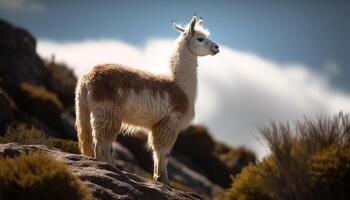 carino alpaca in piedi nel montagna pascolo, pascolo generato di ai foto