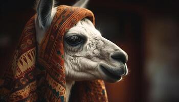 carino alpaca ritratto con soffice lana cappotto generato di ai foto
