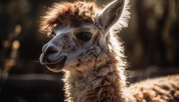 soffice alpaca guardare a telecamera nel pascolo generato di ai foto