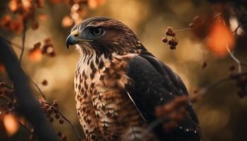 maestoso falco perching su ramo, Guardando preda generato di ai foto