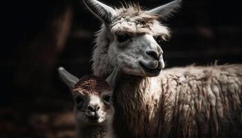 carino alpaca ritratto, guardare a telecamera con umorismo generato di ai foto