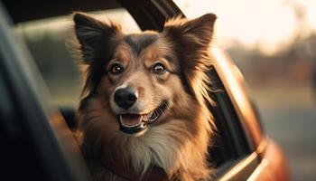 carino di razza Shetland cane da pastore seduta nel auto generato di ai foto