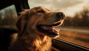 sorridente di razza cucciolo seduta nel macchina, godendo viaggio generato di ai foto