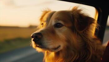 di razza cucciolo seduta nel macchina, godendo estate tramonto generato di ai foto