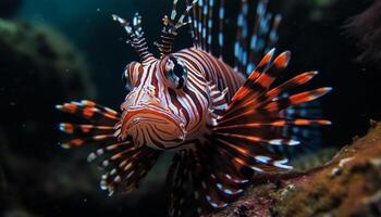 a strisce pesce leone Aggiunge bellezza per subacqueo paesaggio marino generato di ai foto