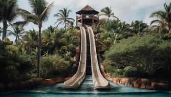 tropicale palma alberi ondeggiare nel idilliaco Paradiso generato di ai foto