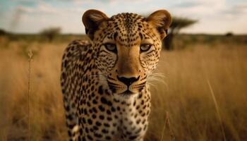 macchiato ghepardo fissando, maestoso bellezza nel natura generato di ai foto
