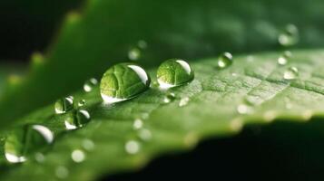 un' verde foglia con acqua goccioline superficie, con un' buio verde sfondo. generativo ai foto