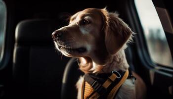 carino cucciolo seduta nel macchina, guardare al di fuori generato di ai foto