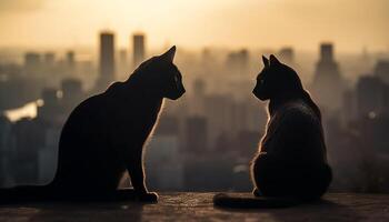 silhouette di carino gattino Guardando città tramonto generato di ai foto