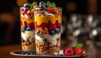 biologico bacca parfait con muesli e Yogurt generato di ai foto