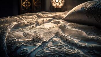 confortevole biancheria da letto e elegante arredamento nel moderno Camera da letto generato di ai foto