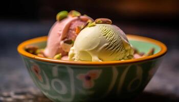 indulgente ghiaccio crema coppa di gelato guarnita con fresco frutti di bosco generato di ai foto