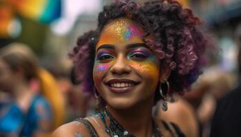 sorridente donne nel colorato viso dipingere danza con gioia generato di ai foto