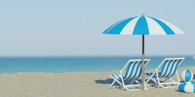 3d resa. bellissimo spiaggia. sedie su il sabbioso spiaggia vicino il mare. estate vacanza e vacanza concetto per turismo. ispirazione tropicale paesaggio. tranquillo scenario, rilassante spiaggia foto