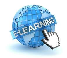 e-learning concetto con mondo e mano cursore foto