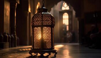 Ramadan notte illuminato lanterne appendere nel eleganza generato di ai foto