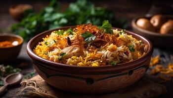 salutare vegetariano pasto basmati riso con verdura curry generato di ai foto