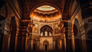 il maestoso Cattedrale macchiato bicchiere finestre illuminato generato di ai foto