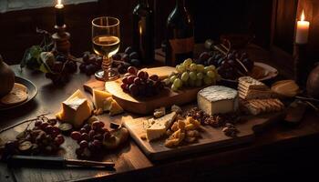 un' rustico ancora vita vino, formaggio, pane generato di ai foto