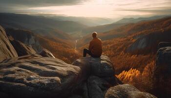 uno persona Meditare su montagna picco a alba generato di ai foto