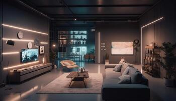 lusso moderno vivente camera con confortevole divano generato di ai foto