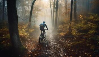 Ciclismo attraverso nebbioso foresta, atleta salutare ricerca generato di ai foto