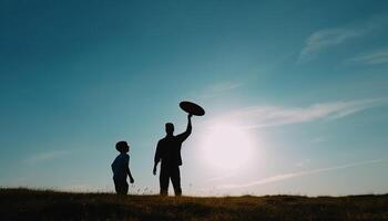 famiglia gode all'aperto tennis, sagome contro tramonto generato di ai foto