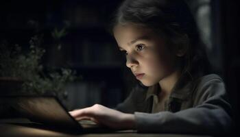 carino caucasico ragazza sorridente mentre studiando in casa generato di ai foto