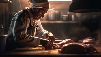 maturo chef abilmente preparare fatti in casa pasti in casa generato di ai foto