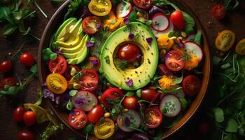 salutare buongustaio insalata fresco pomodoro, cetriolo, avocado generato di ai foto