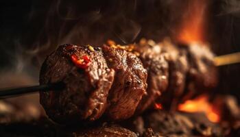 grigliato carne spiedini su fiammeggiante barbecue griglia generato di ai foto