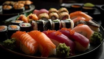 fresco frutti di mare piatto nigiri, sashimi, maki Sushi generato di ai foto