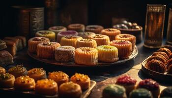 appena al forno muffin decorare il rustico vassoio generato di ai foto