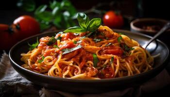 italiano pasta piatto con salato bolognese salsa generato di ai foto