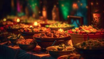 celebrazione di cultura con Multi colorato decorazioni, buongustaio pasto generato di ai foto