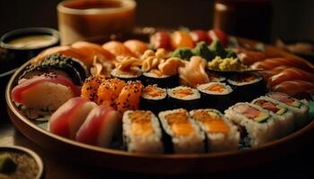 salato Sushi piatto vetrine giapponese frutti di mare cultura generato di ai foto