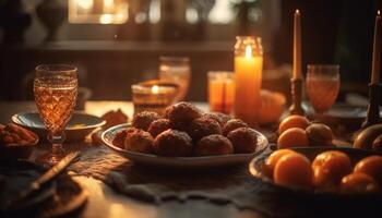 fresco frutta, vino e cioccolato dolce notte generato di ai foto