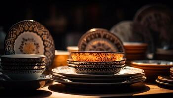 antico ceramica impostato Aggiunge eleganza per rustico cucina generato di ai foto