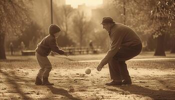 padre e figlio giocare calcio nel tramonto splendore generato di ai foto