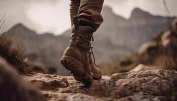 uno persona escursioni a piedi su montagna per avventura generato di ai foto