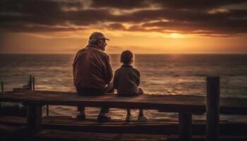 insieme, famiglia gode tranquillo tramonto vacanza all'aperto generato di ai foto